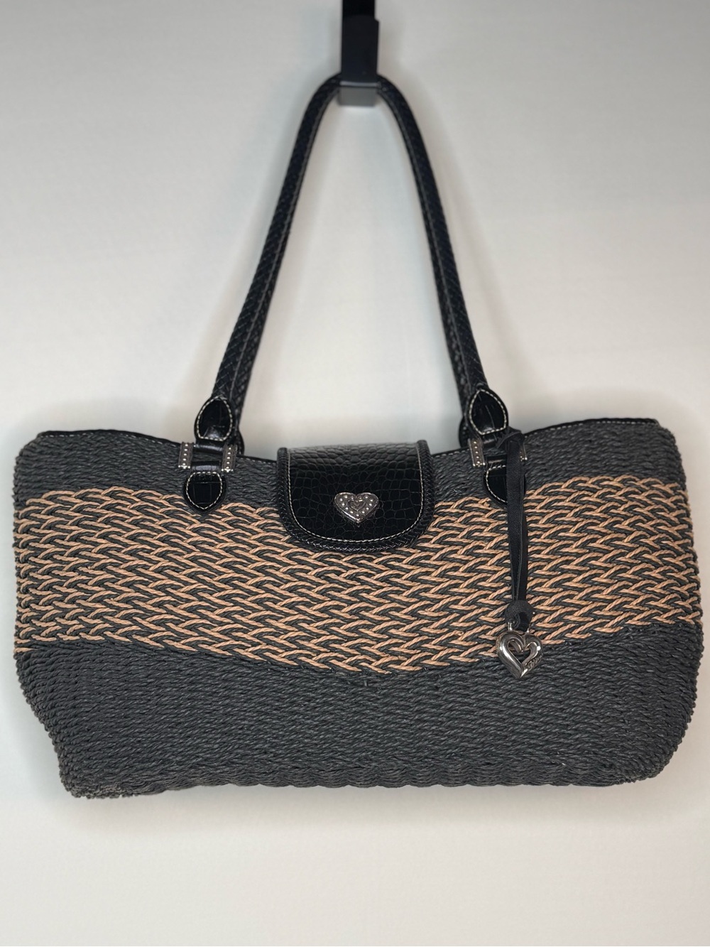 Brighton Black and Tan Woven Shoulder Bag with Heart Accent